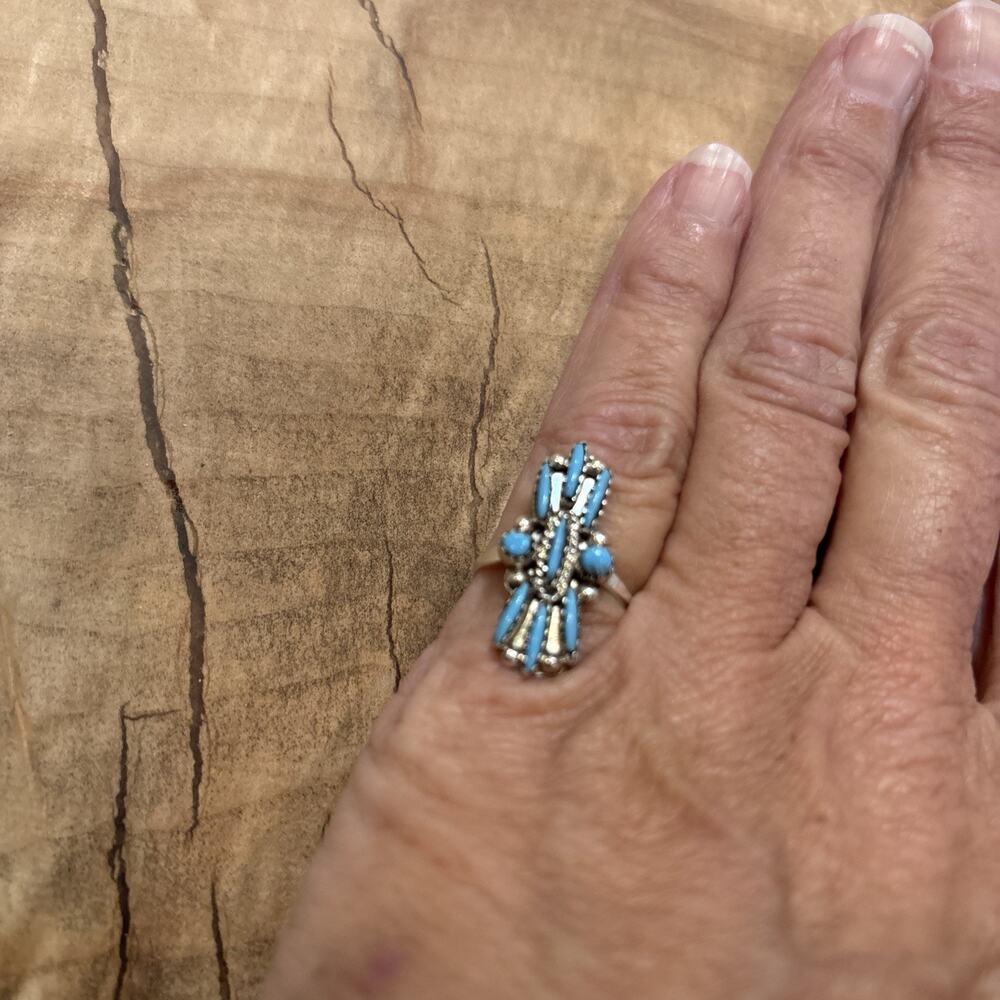 Navajo Sterling Silver Needlepoint Turquoise Cluster Oval Ring New - Picture 4 of 4